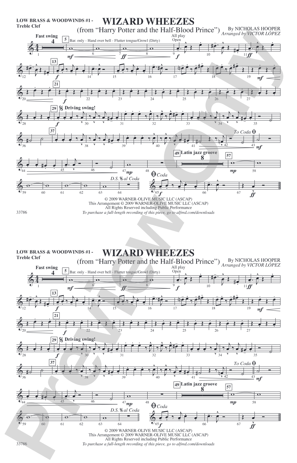 Wizard Wheezes (from Harry Potter and the Half-Blood Prince): Low Brass & Woodwinds #1 - Treble Clef