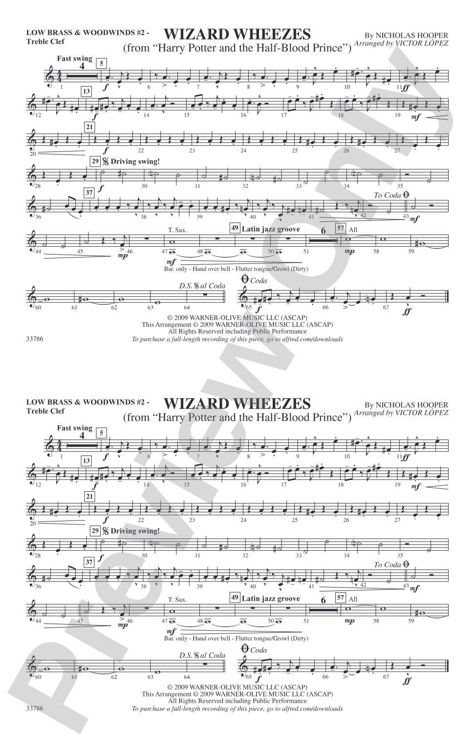 Wizard Wheezes (from Harry Potter and the Half-Blood Prince): Low Brass & Woodwinds #2 - Treble Clef