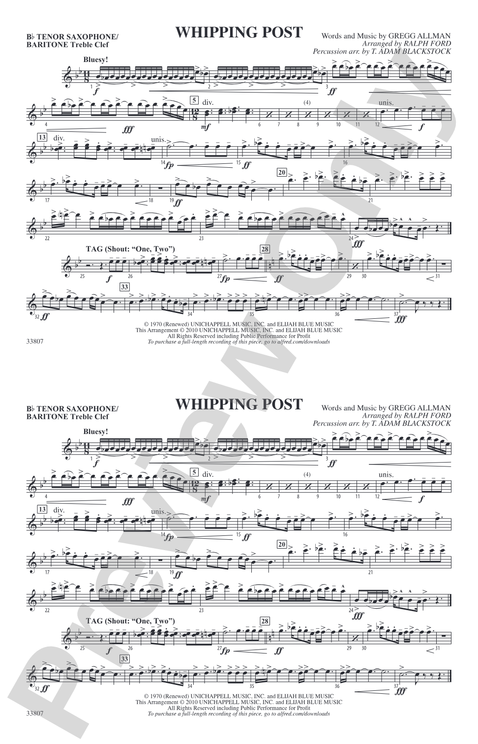 Whipping Post: Bb Tenor Saxophone/Bartione Treble Clef