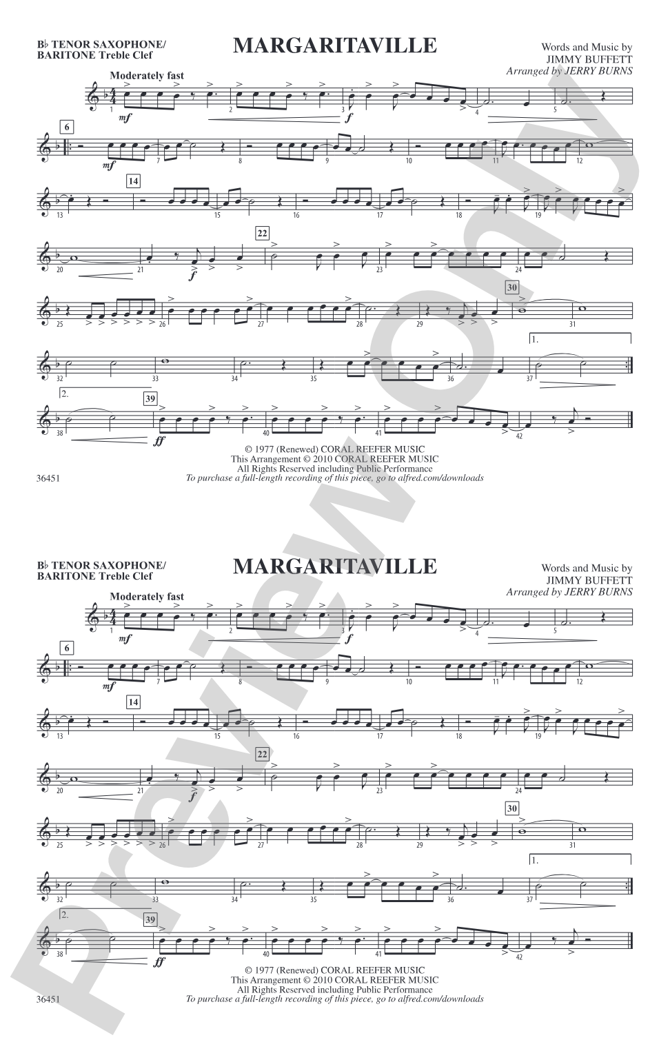 Margaritaville: Bb Tenor Saxophone/Bartione Treble Clef
