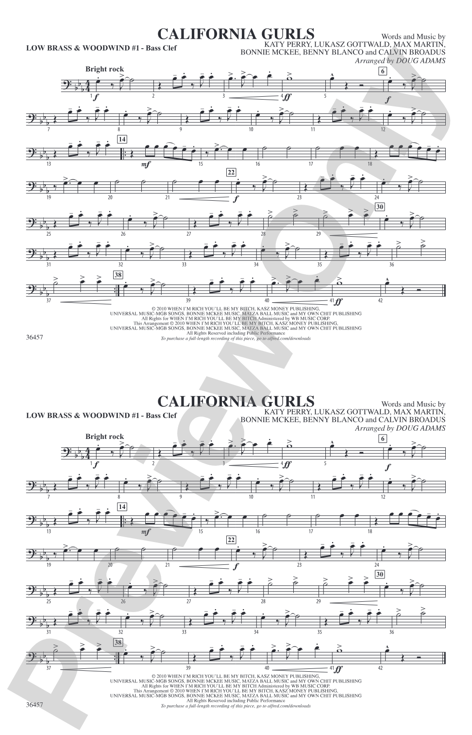 California Gurls: Low Brass & Woodwinds #1 - Bass Clef
