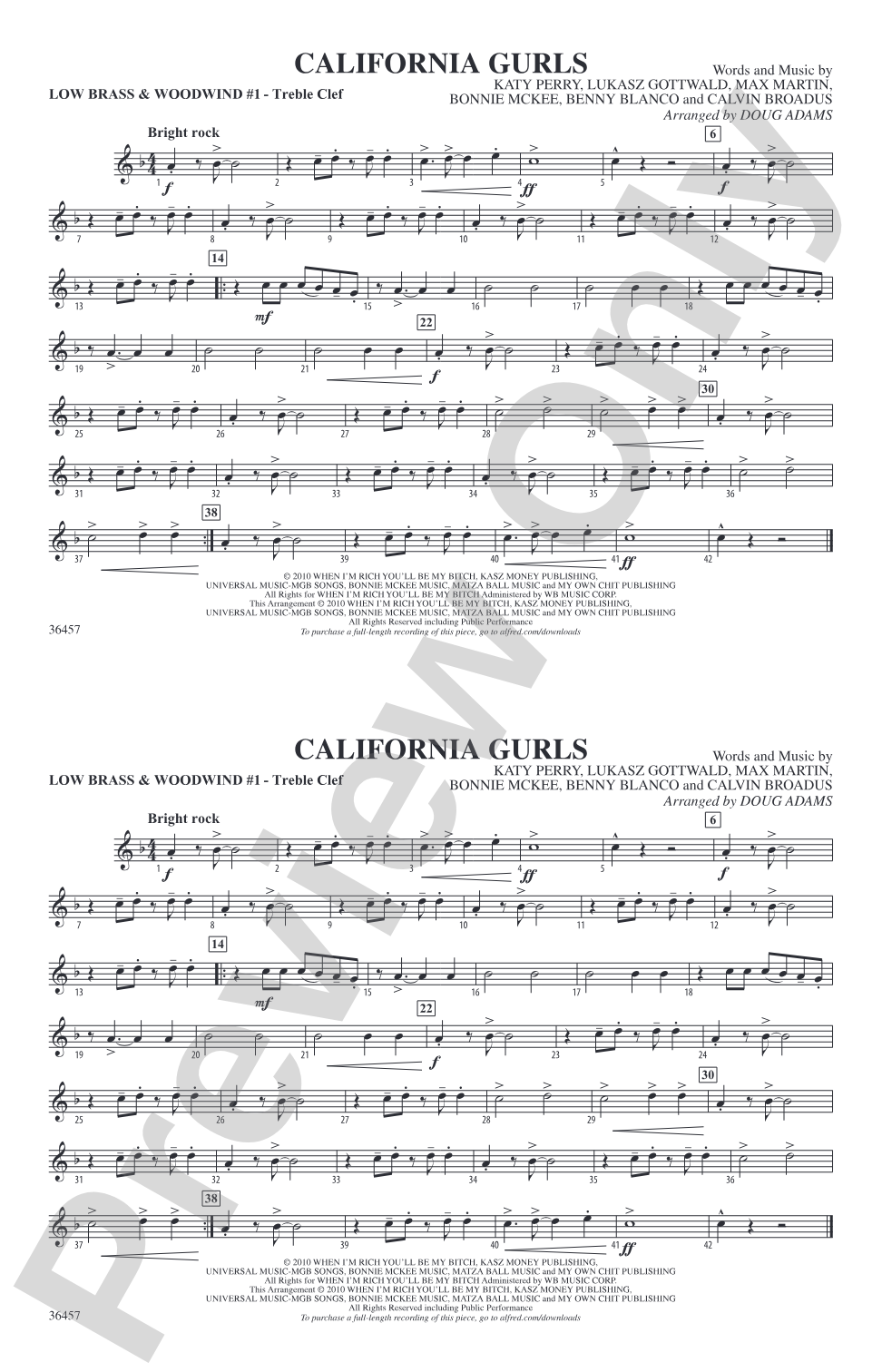 California Gurls: Low Brass & Woodwinds #1 - Treble Clef
