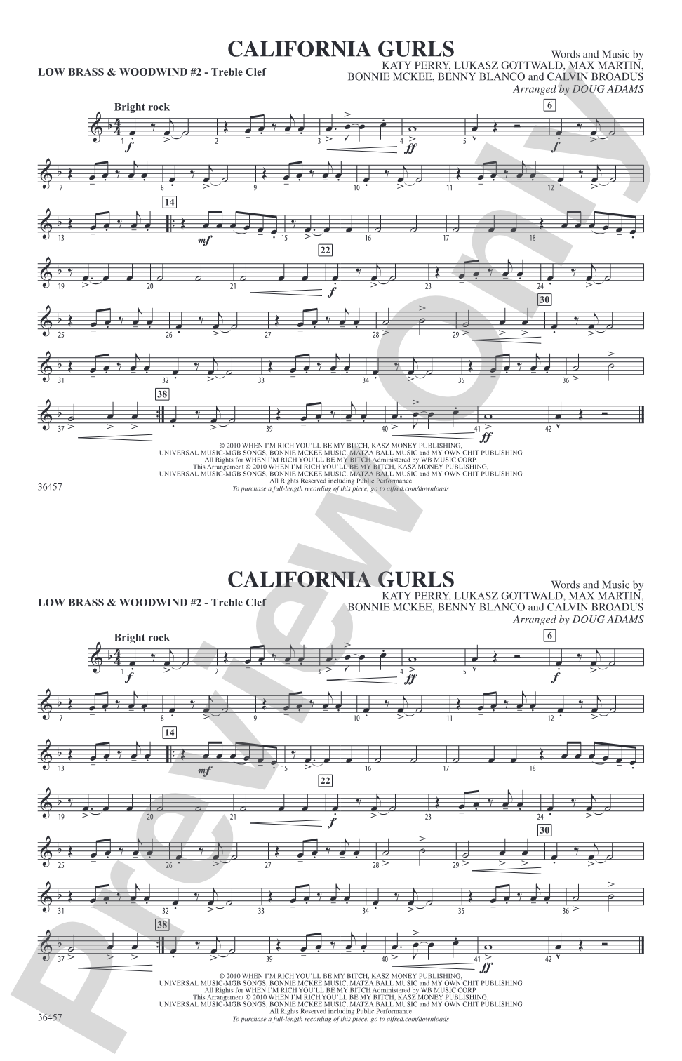 California Gurls: Low Brass & Woodwinds #2 - Treble Clef