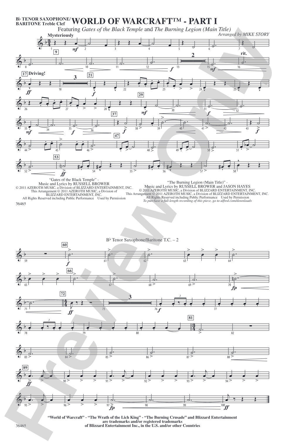 World of Warcraft, Part I: Bb Tenor Saxophone/Bartione Treble Clef