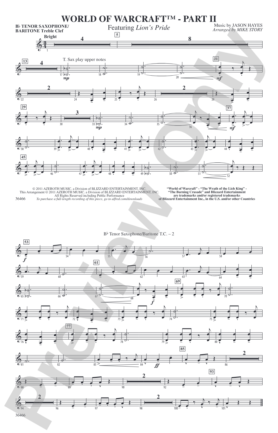 World of Warcraft, Part II: Bb Tenor Saxophone/Bartione Treble Clef