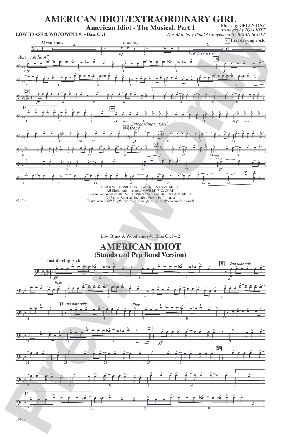 American Idiot / Extraordinary Girl: Low Brass & Woodwinds #1 - Bass Clef