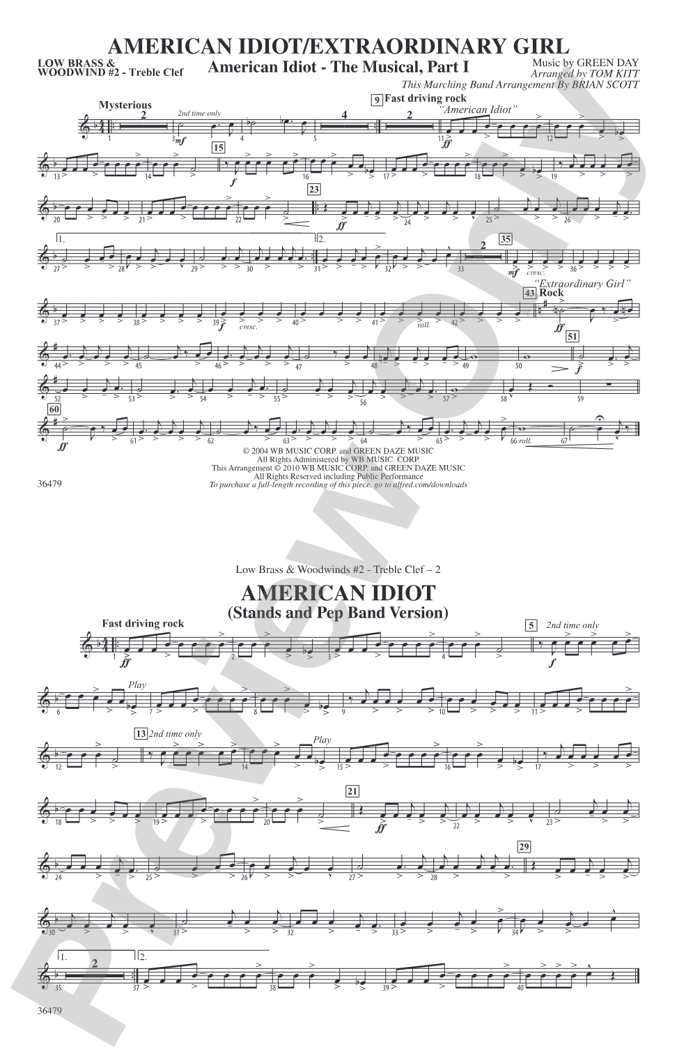 American Idiot / Extraordinary Girl: Low Brass & Woodwinds #2 - Treble Clef