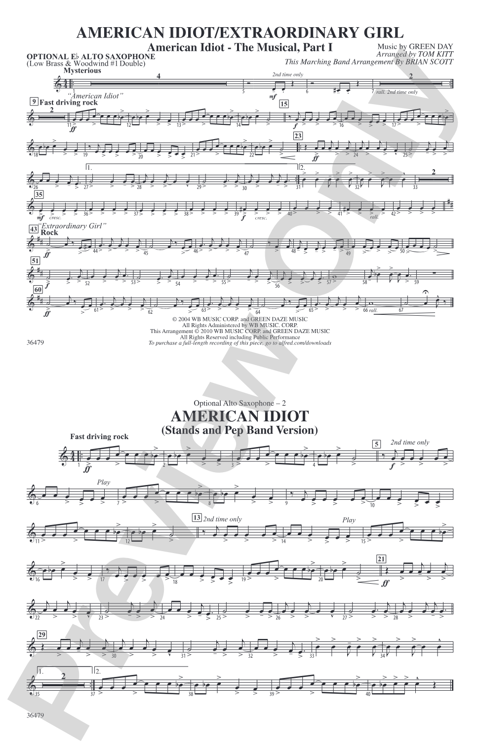 American Idiot / Extraordinary Girl: Optional Alto Sax