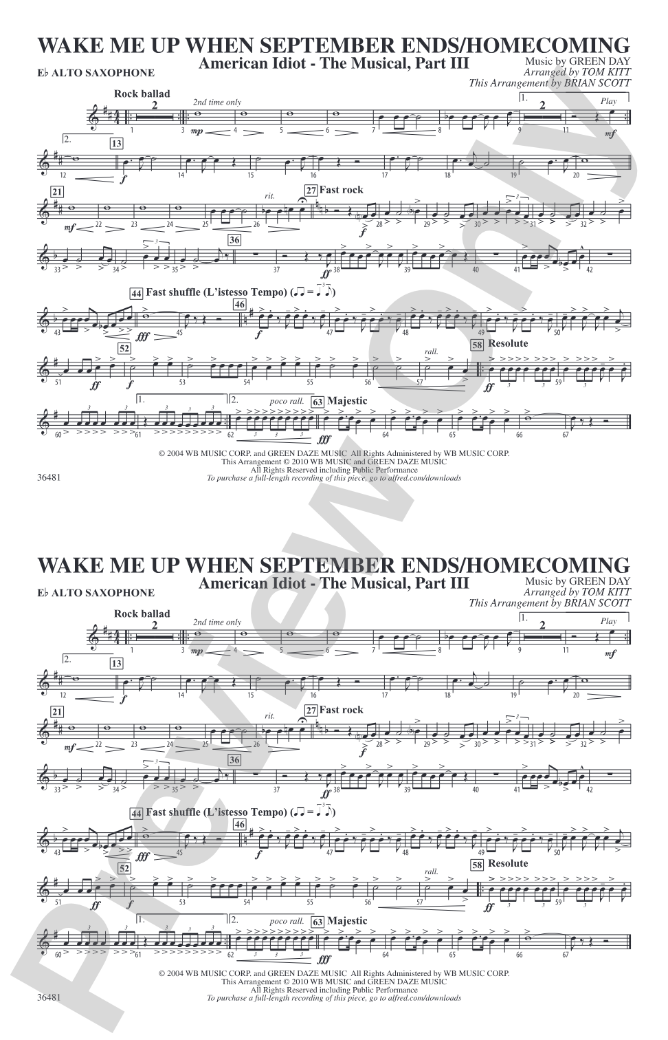 Wake Me Up When September Ends / Homecoming: E-flat Alto Saxophone