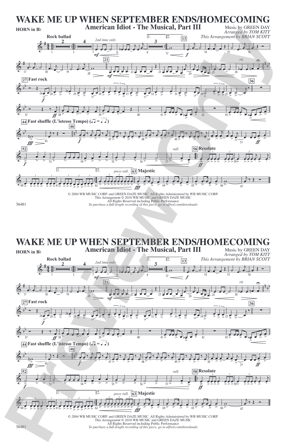 Wake Me Up When September Ends / Homecoming: Horn in B flat