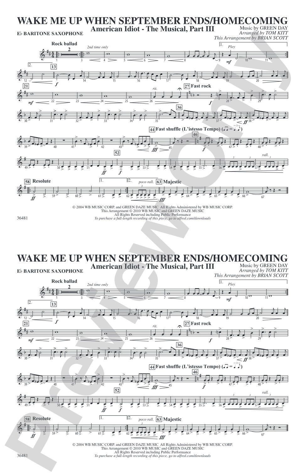 Wake Me Up When September Ends / Homecoming: E-flat Baritone Saxophone