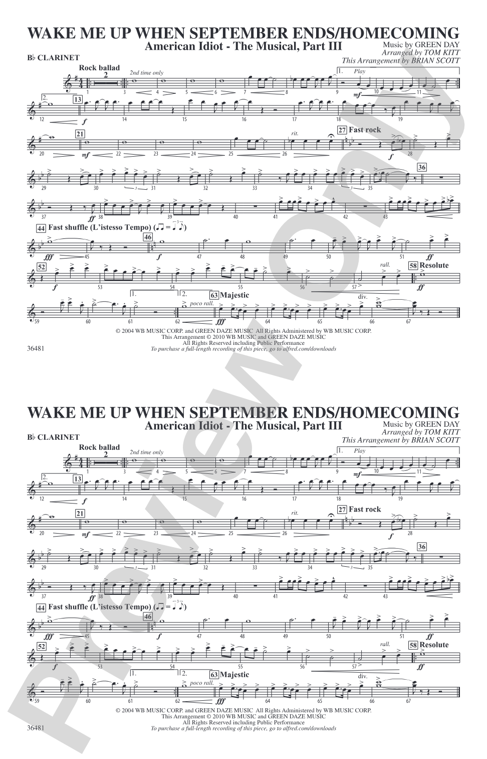 Wake Me Up When September Ends / Homecoming: 1st B-flat Clarinet