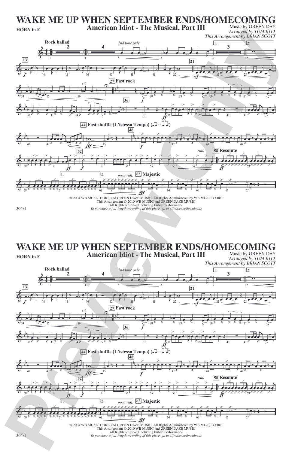 Wake Me Up When September Ends / Homecoming: 1st F Horn