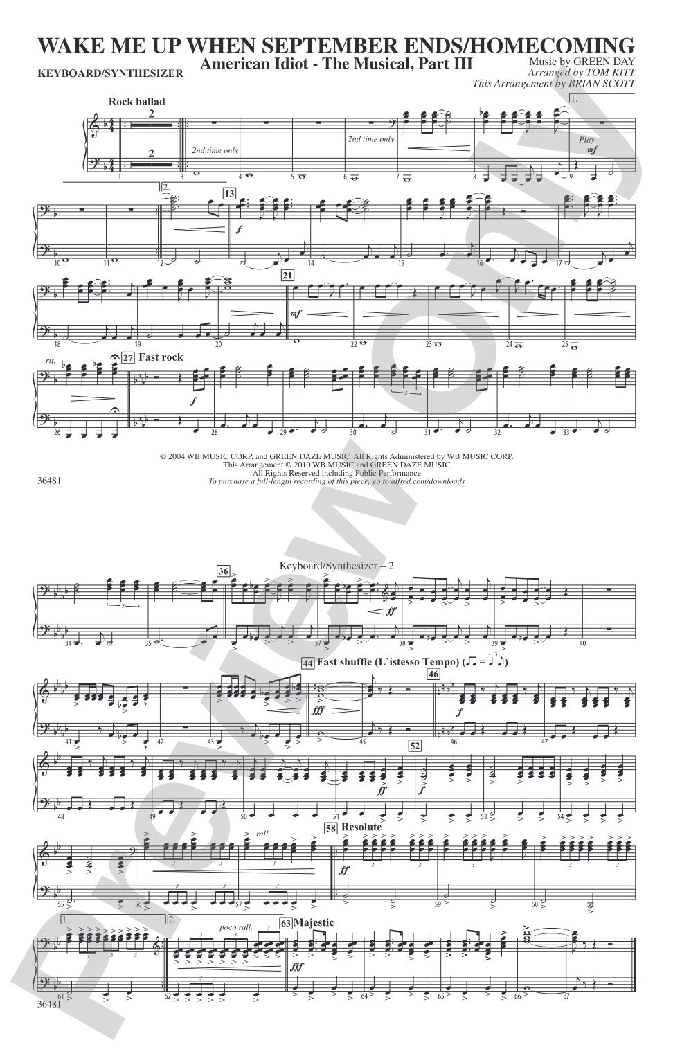 Wake Me Up When September Ends / Homecoming: Keyboard/Synthesizer