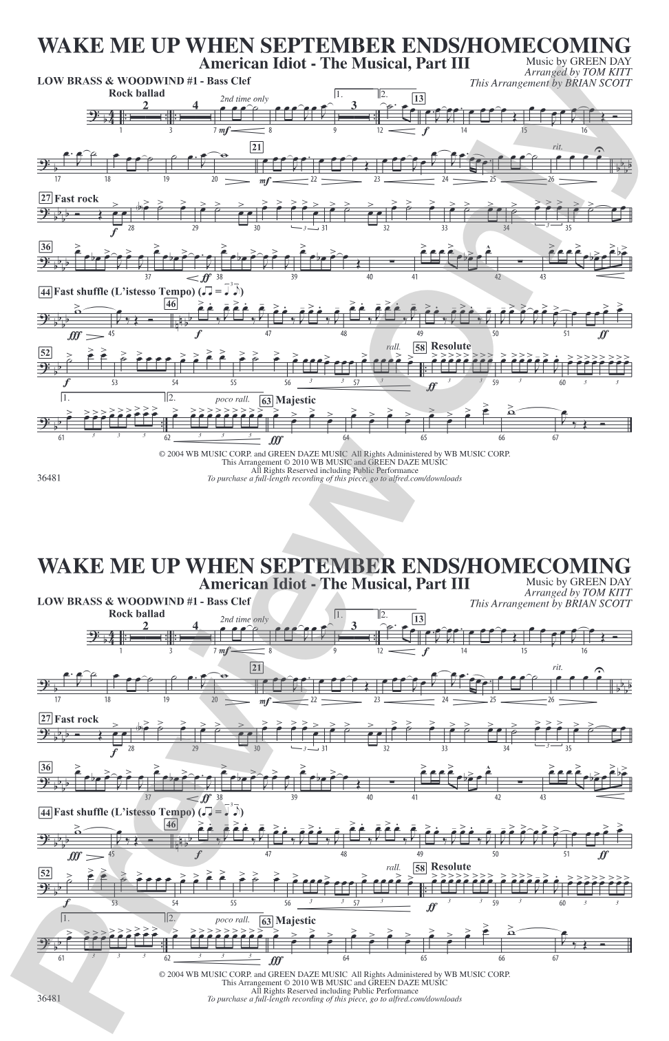 Wake Me Up When September Ends / Homecoming: Low Brass & Woodwinds #1 - Bass Clef