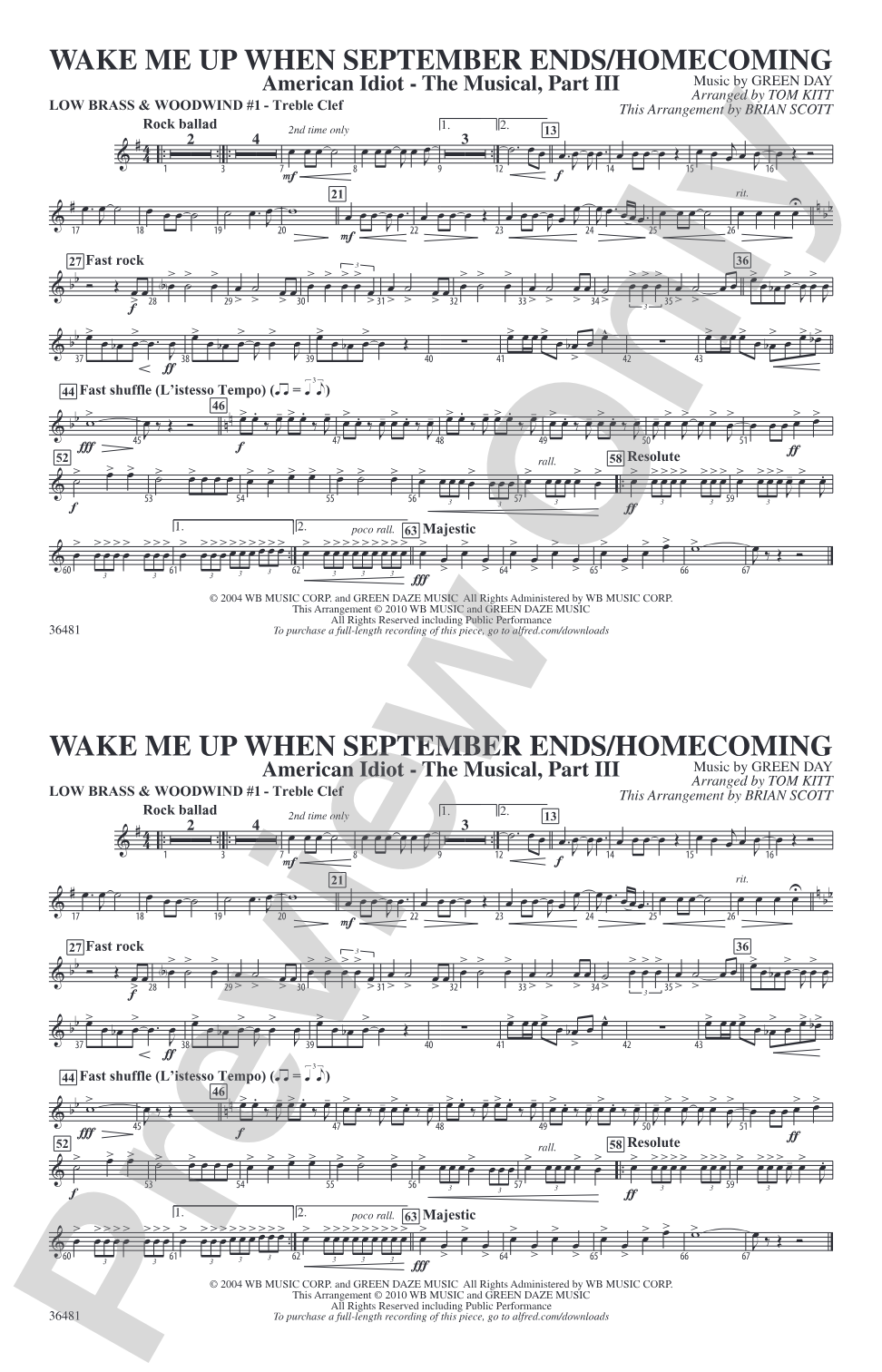 Wake Me Up When September Ends / Homecoming: Low Brass & Woodwinds #1 - Treble Clef
