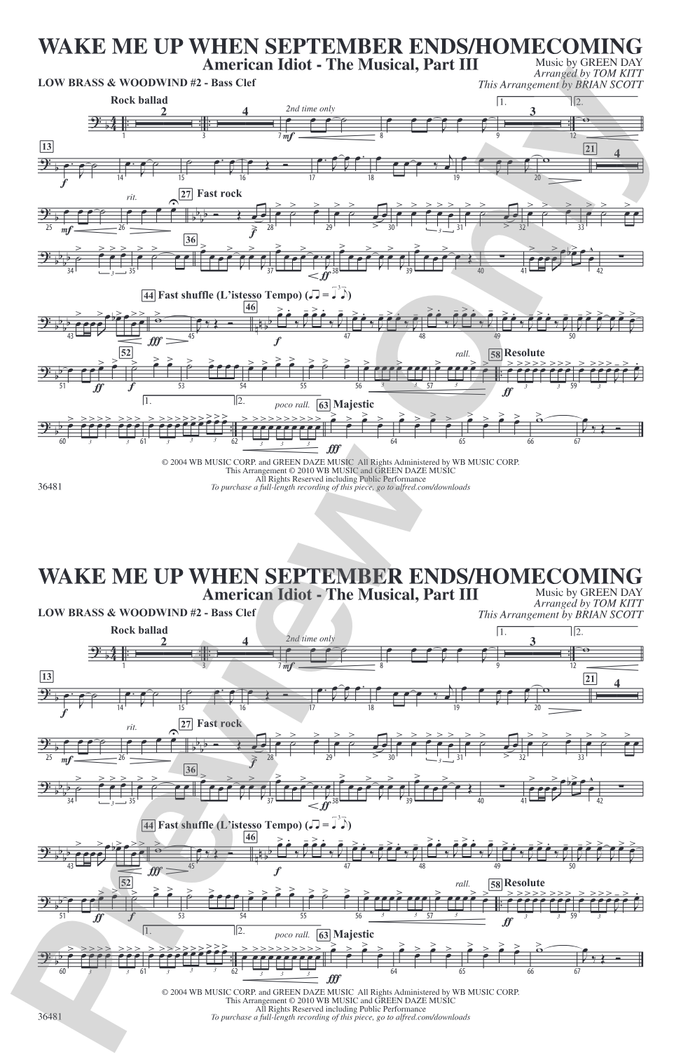 Wake Me Up When September Ends / Homecoming: Low Brass & Woodwinds #2 - Bass Clef