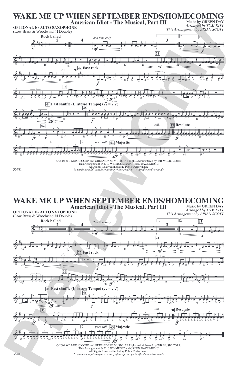 Wake Me Up When September Ends / Homecoming: Optional Alto Sax