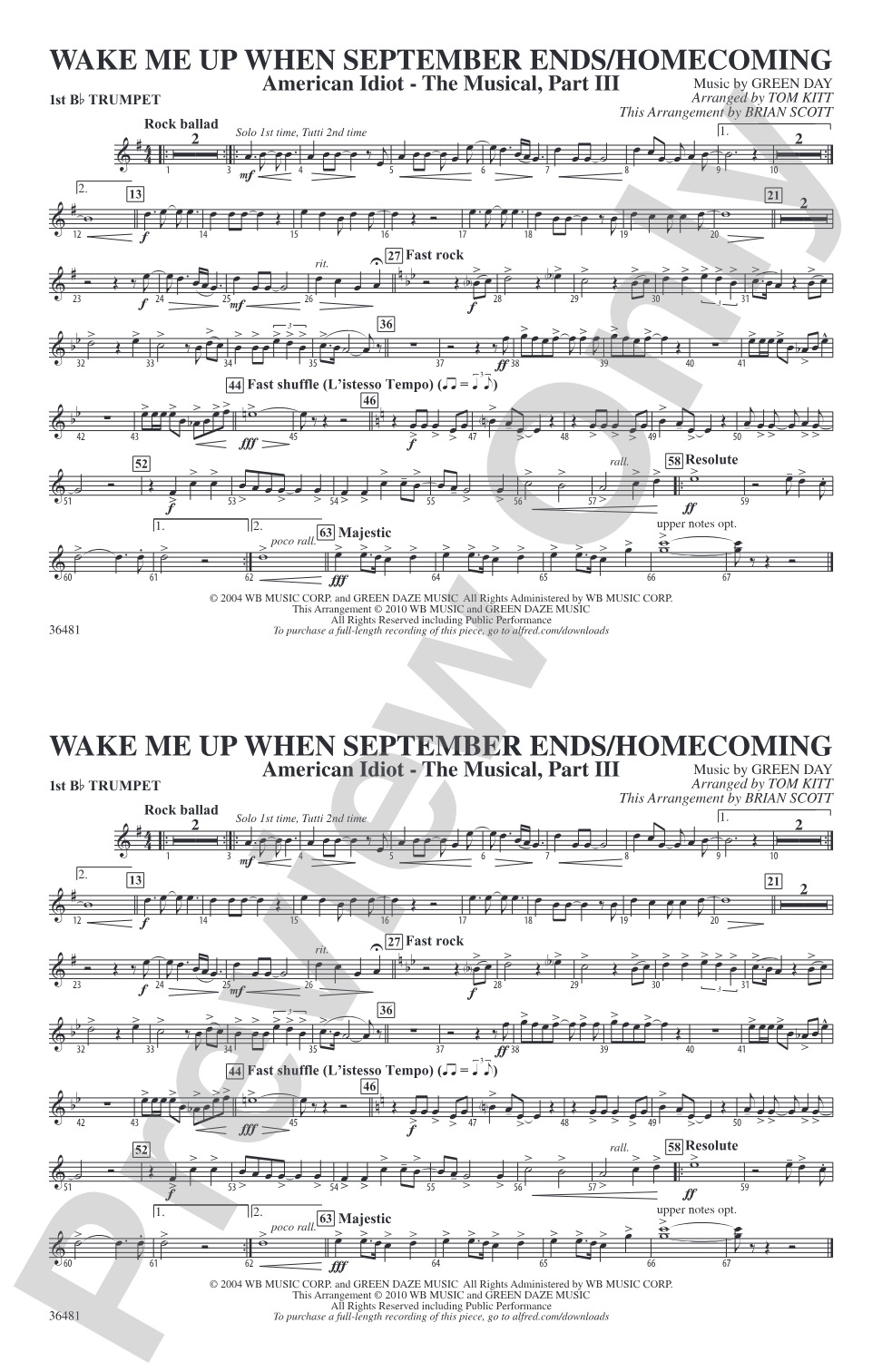 Wake Me Up When September Ends / Homecoming: 1st B-flat Trumpet