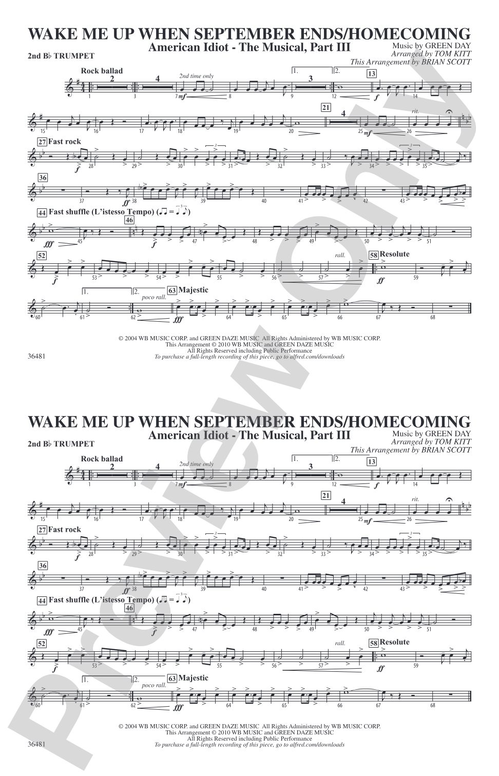 Wake Me Up When September Ends / Homecoming: 2nd B-flat Trumpet