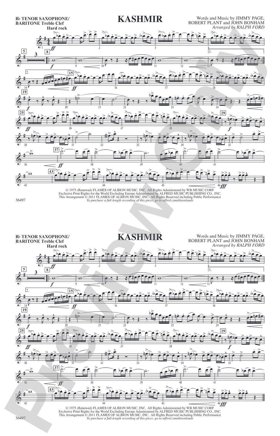 Kashmir: Bb Tenor Saxophone/Bartione Treble Clef
