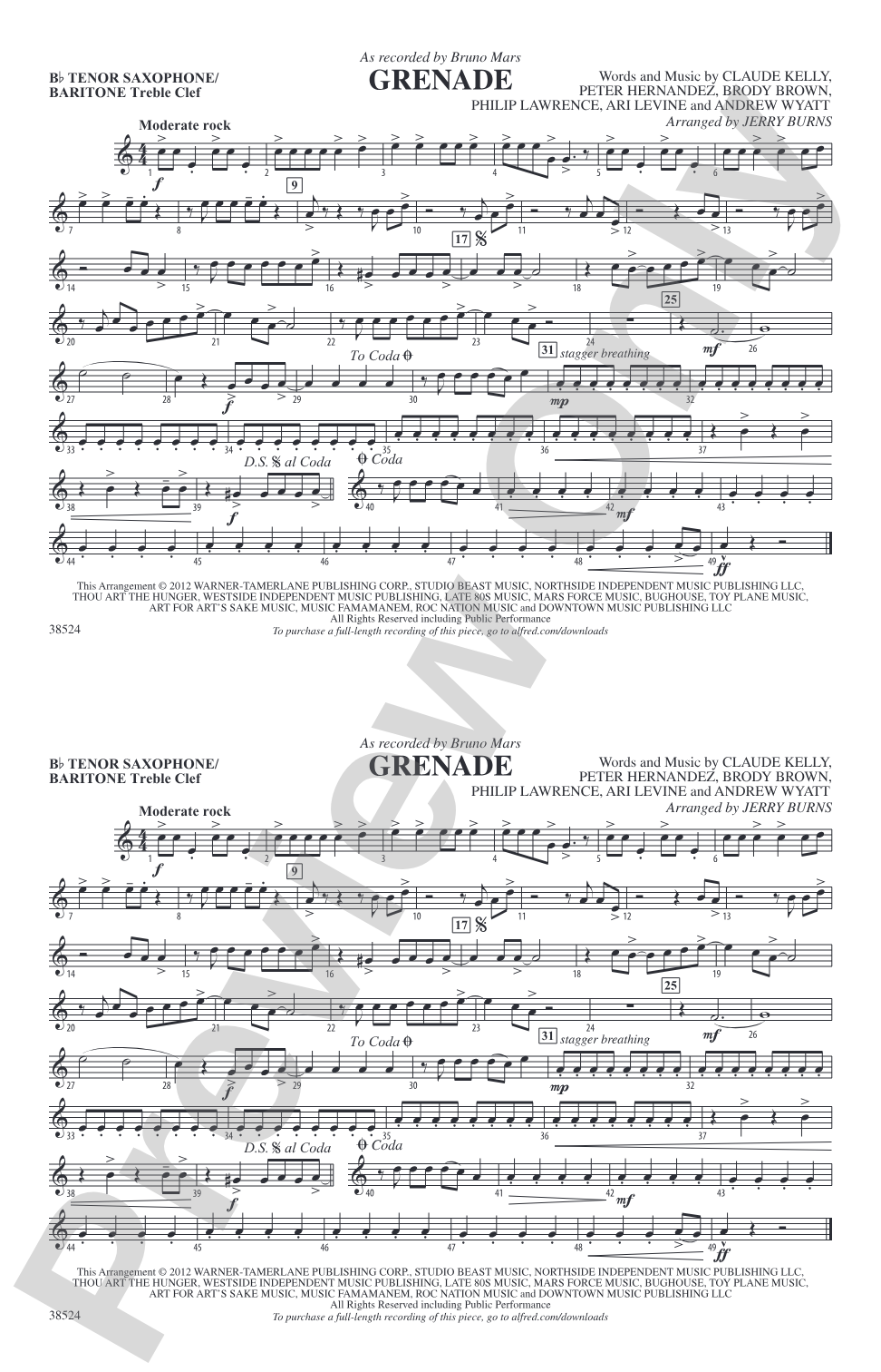 Grenade: Bb Tenor Saxophone/Bartione Treble Clef
