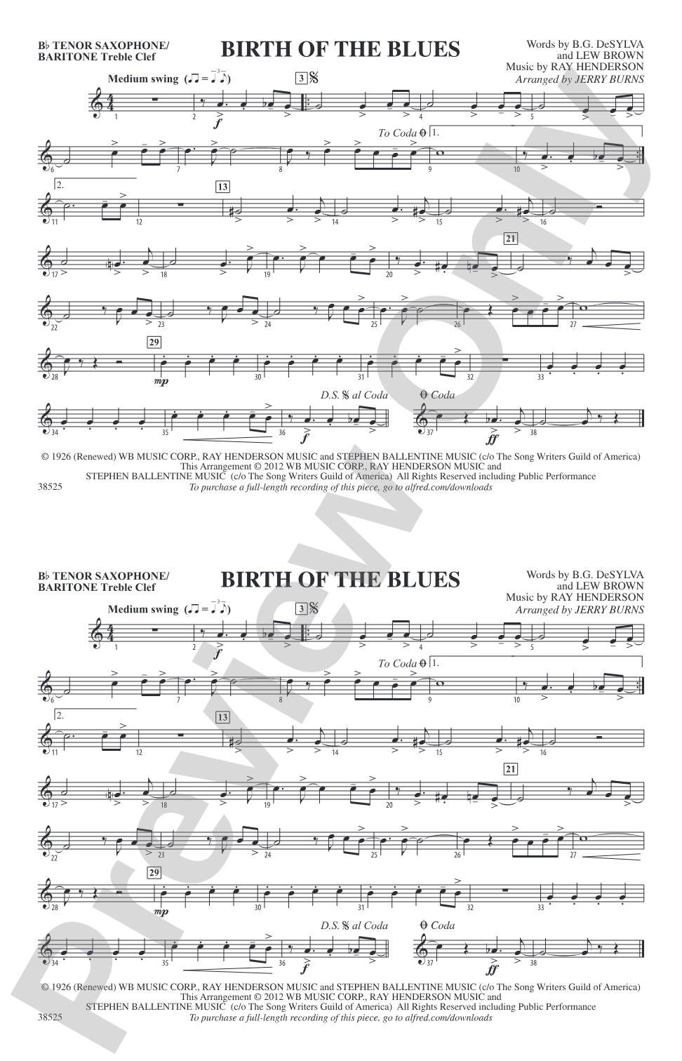 Birth of the Blues: Bb Tenor Saxophone/Bartione Treble Clef