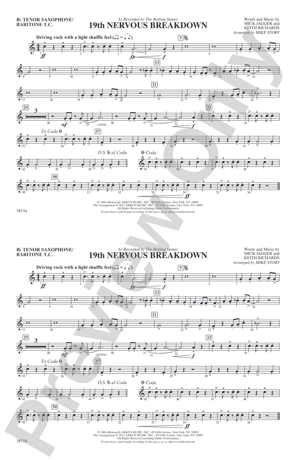 19th Nervous Breakdown: Bb Tenor Saxophone/Bartione Treble Clef