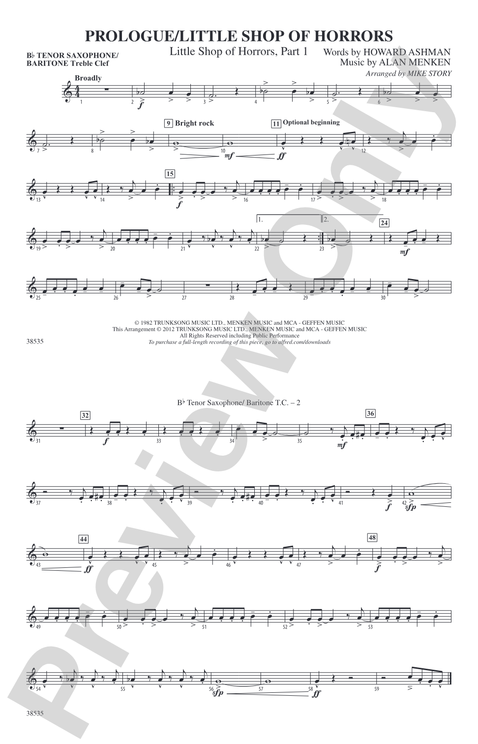 Prologue / Little Shop of Horrors: Bb Tenor Saxophone/Bartione Treble Clef