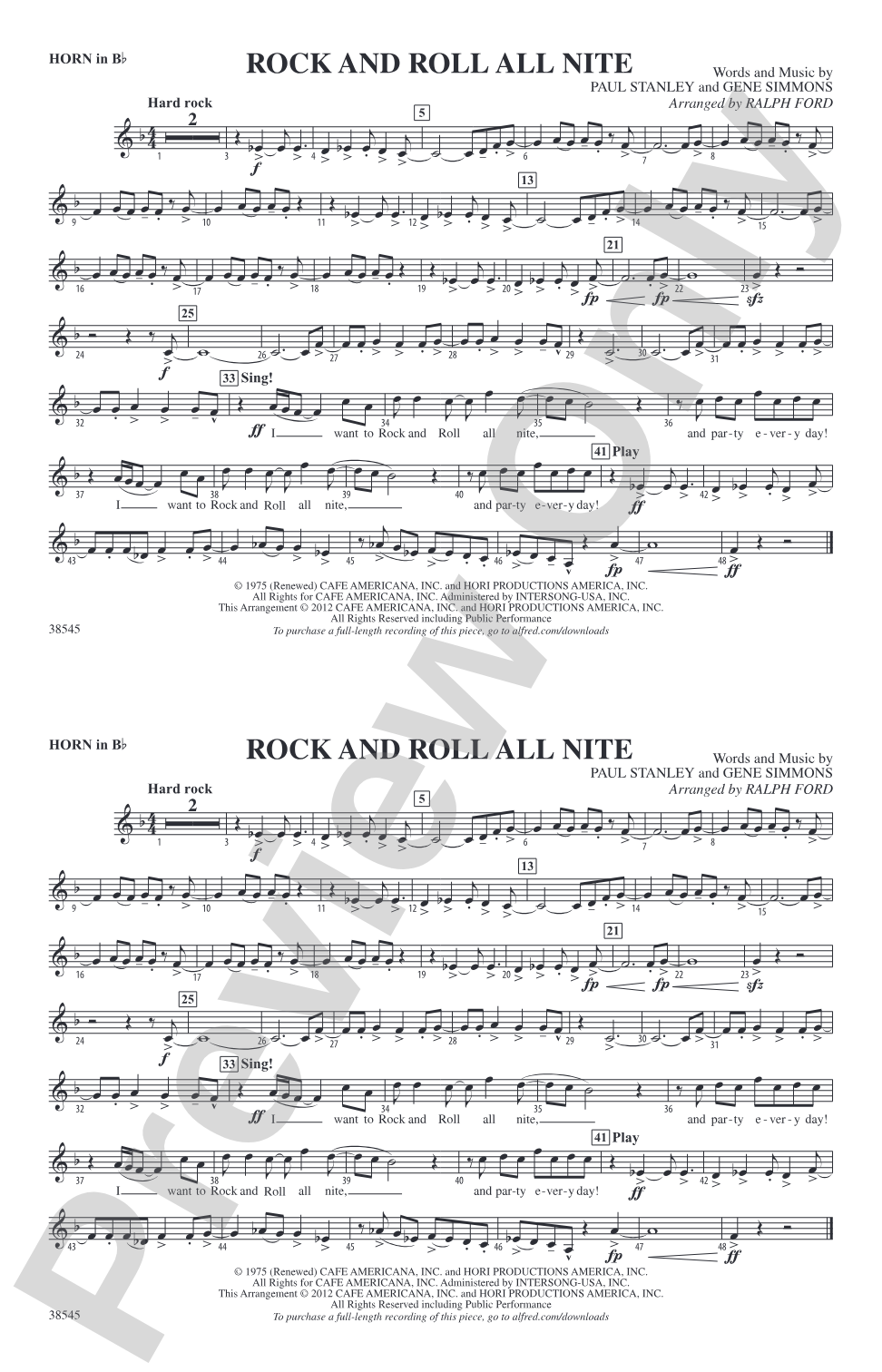 Rock and Roll All Nite: Horn in B flat