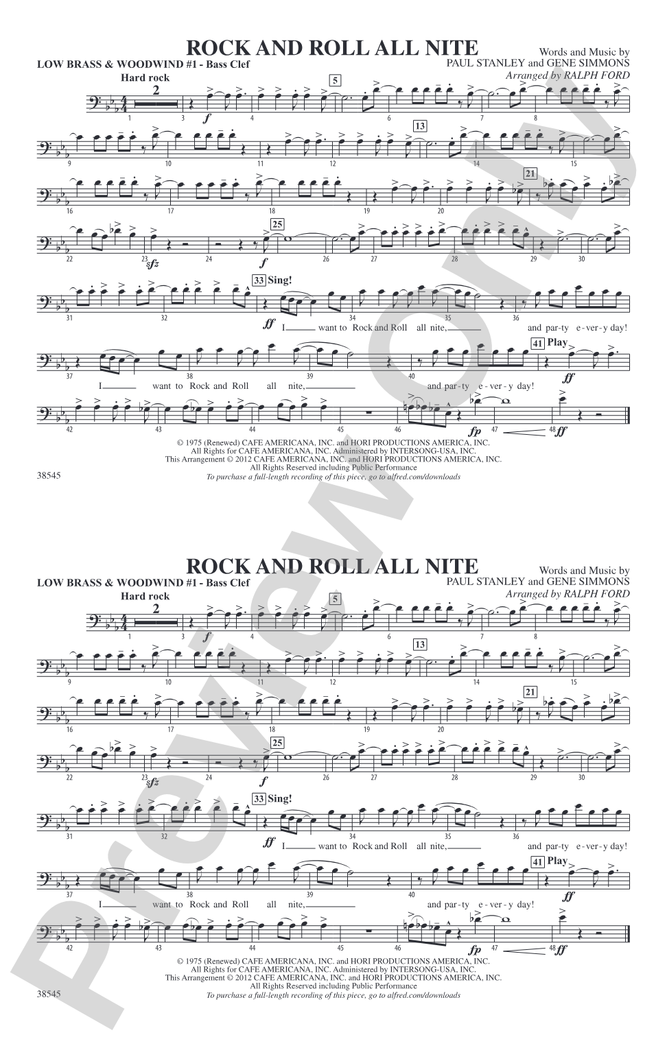 Rock and Roll All Nite: Low Brass & Woodwinds #1 - Bass Clef