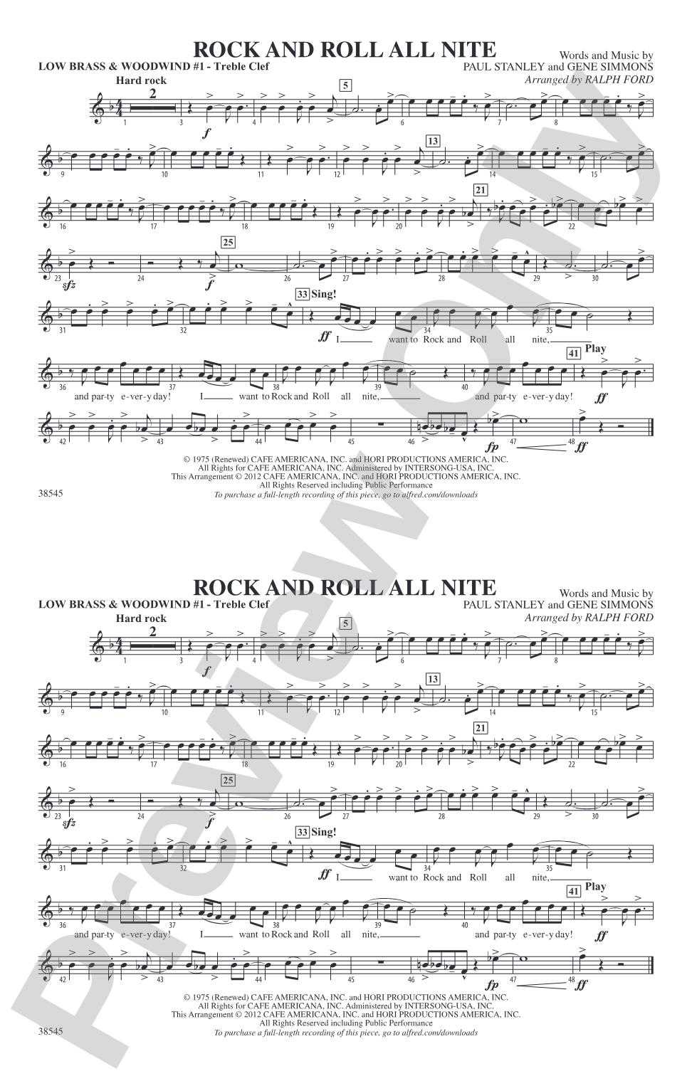 Rock and Roll All Nite: Low Brass & Woodwinds #1 - Treble Clef