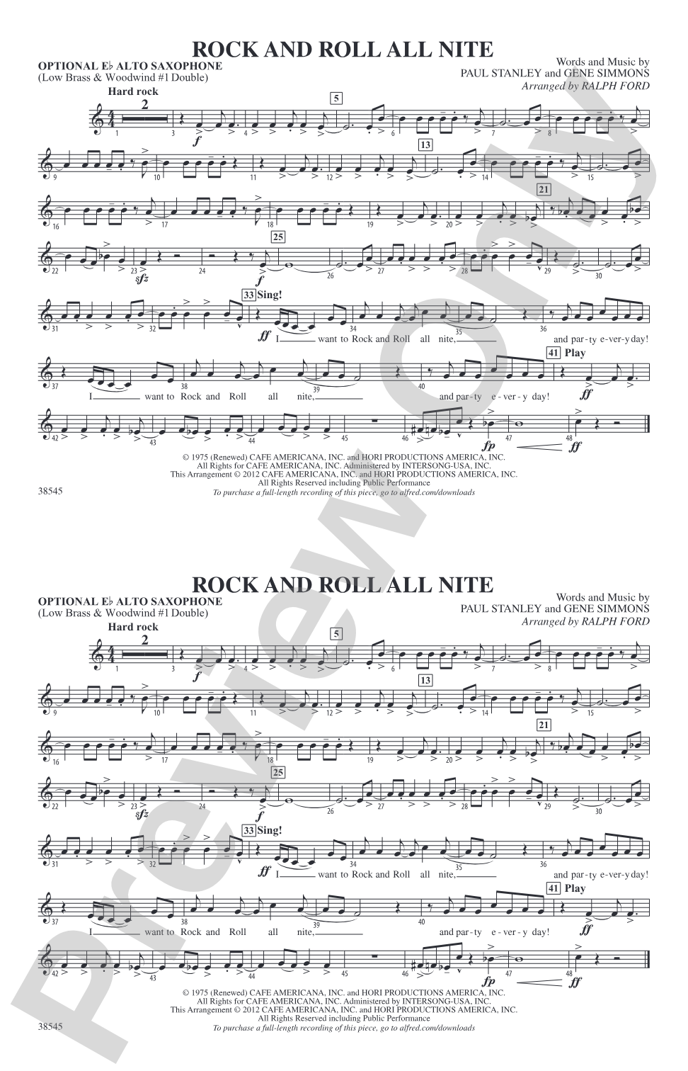 Rock and Roll All Nite: Optional Alto Sax