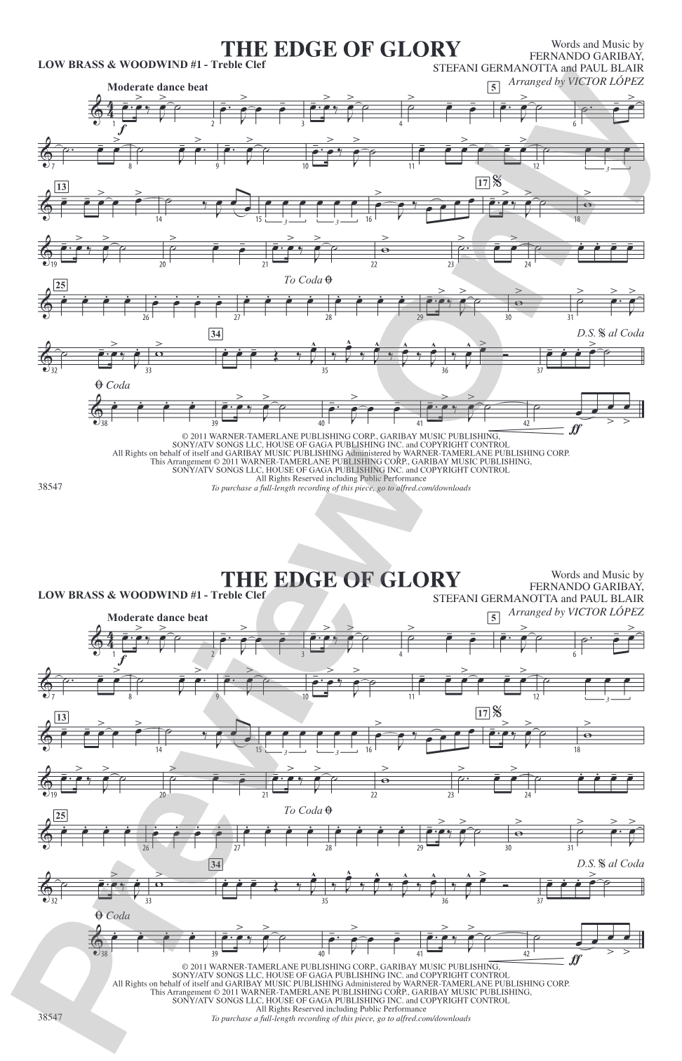 The Edge of Glory: Low Brass & Woodwinds #1 - Treble Clef