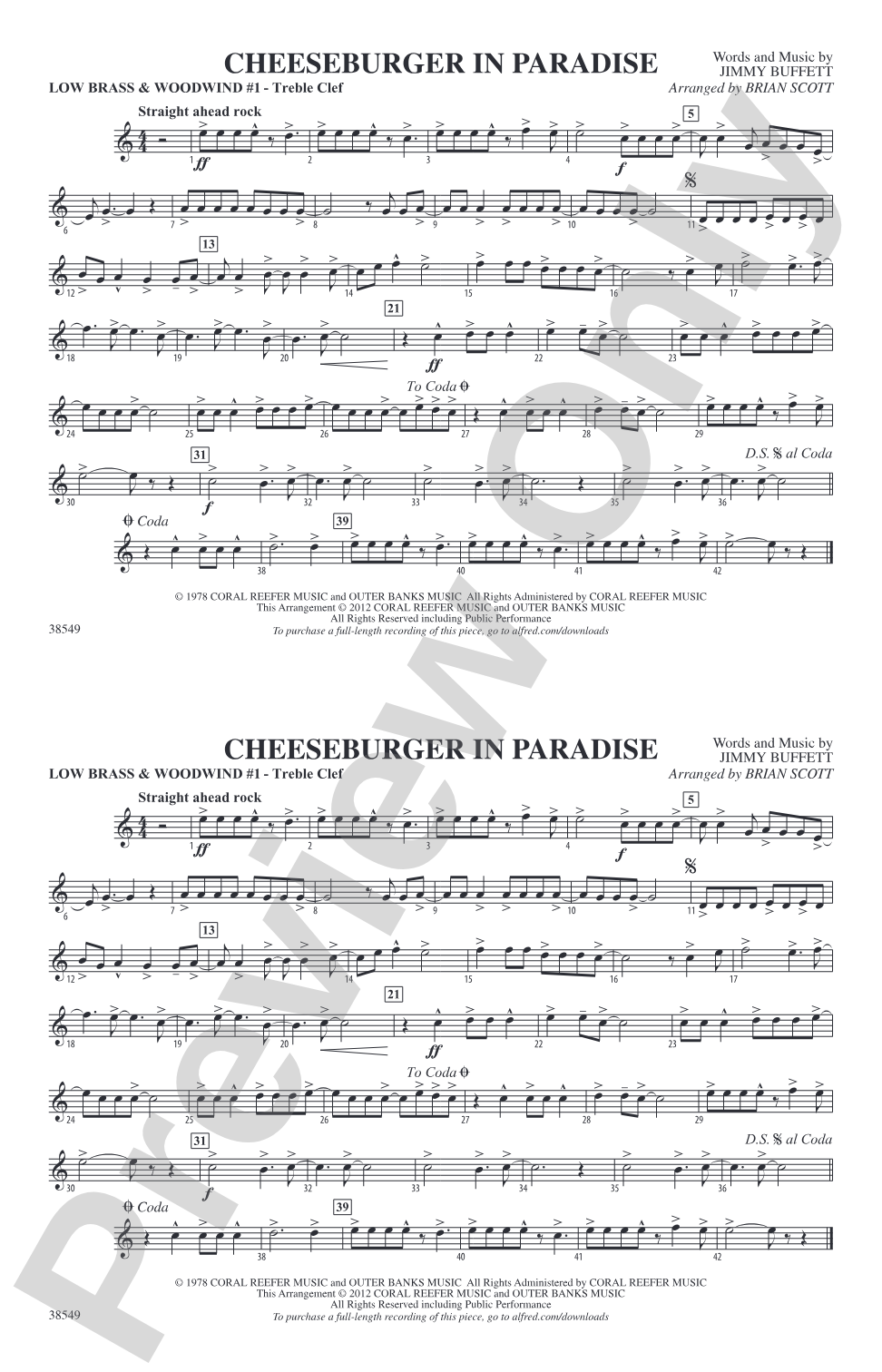 Cheeseburger in Paradise: Low Brass & Woodwinds #1 - Treble Clef