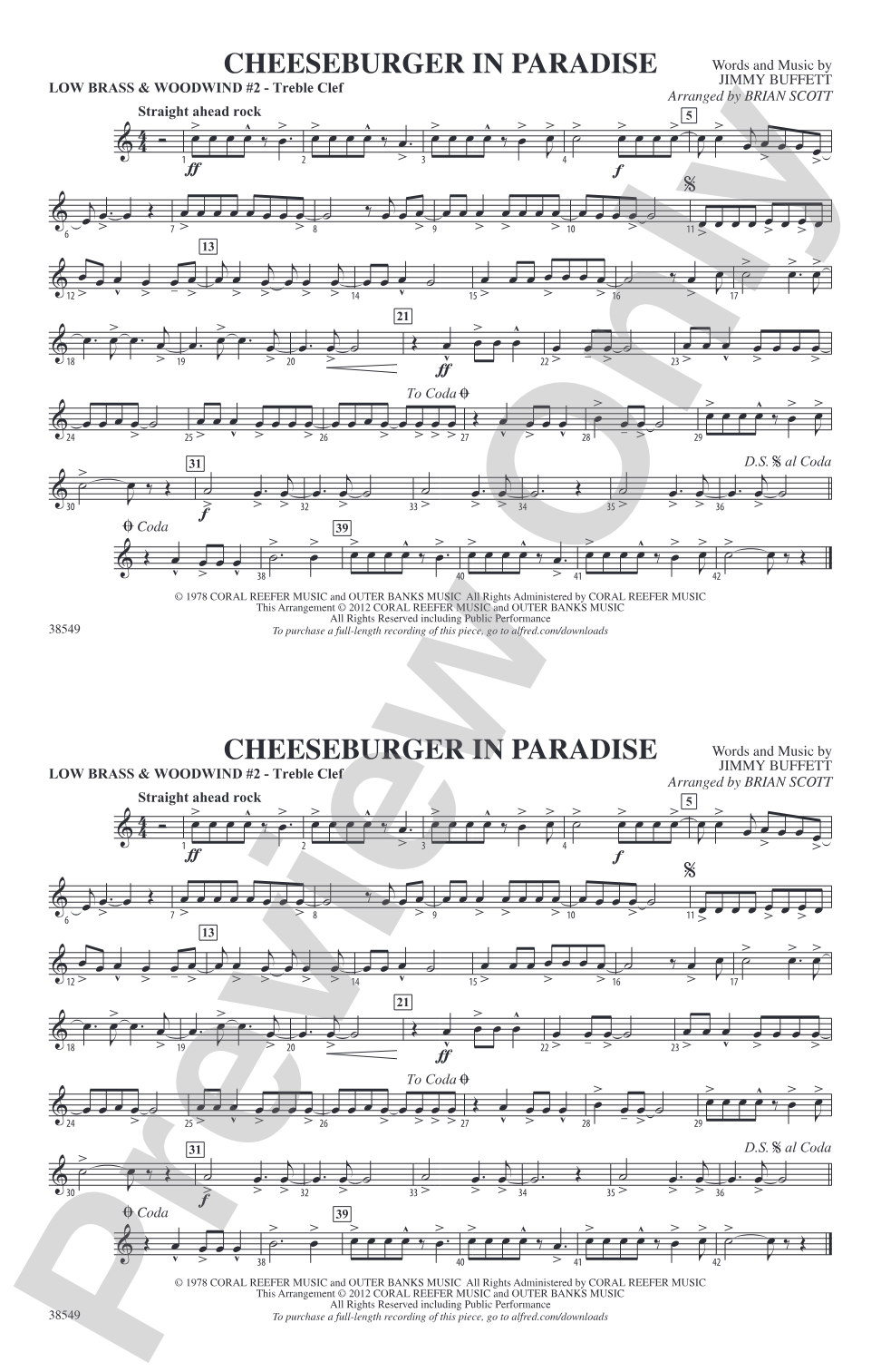 Cheeseburger in Paradise: Low Brass & Woodwinds #2 - Treble Clef