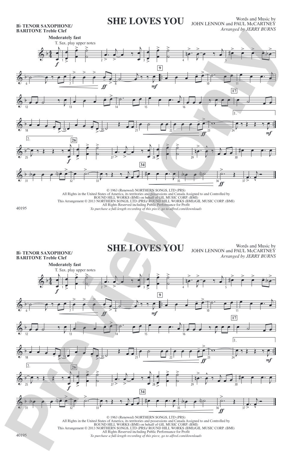 She Loves You: Bb Tenor Saxophone/Bartione Treble Clef