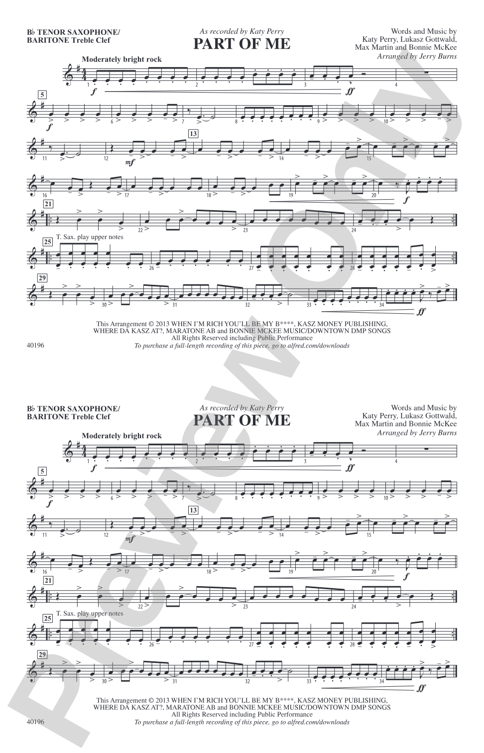 Part of Me: Bb Tenor Saxophone/Bartione Treble Clef