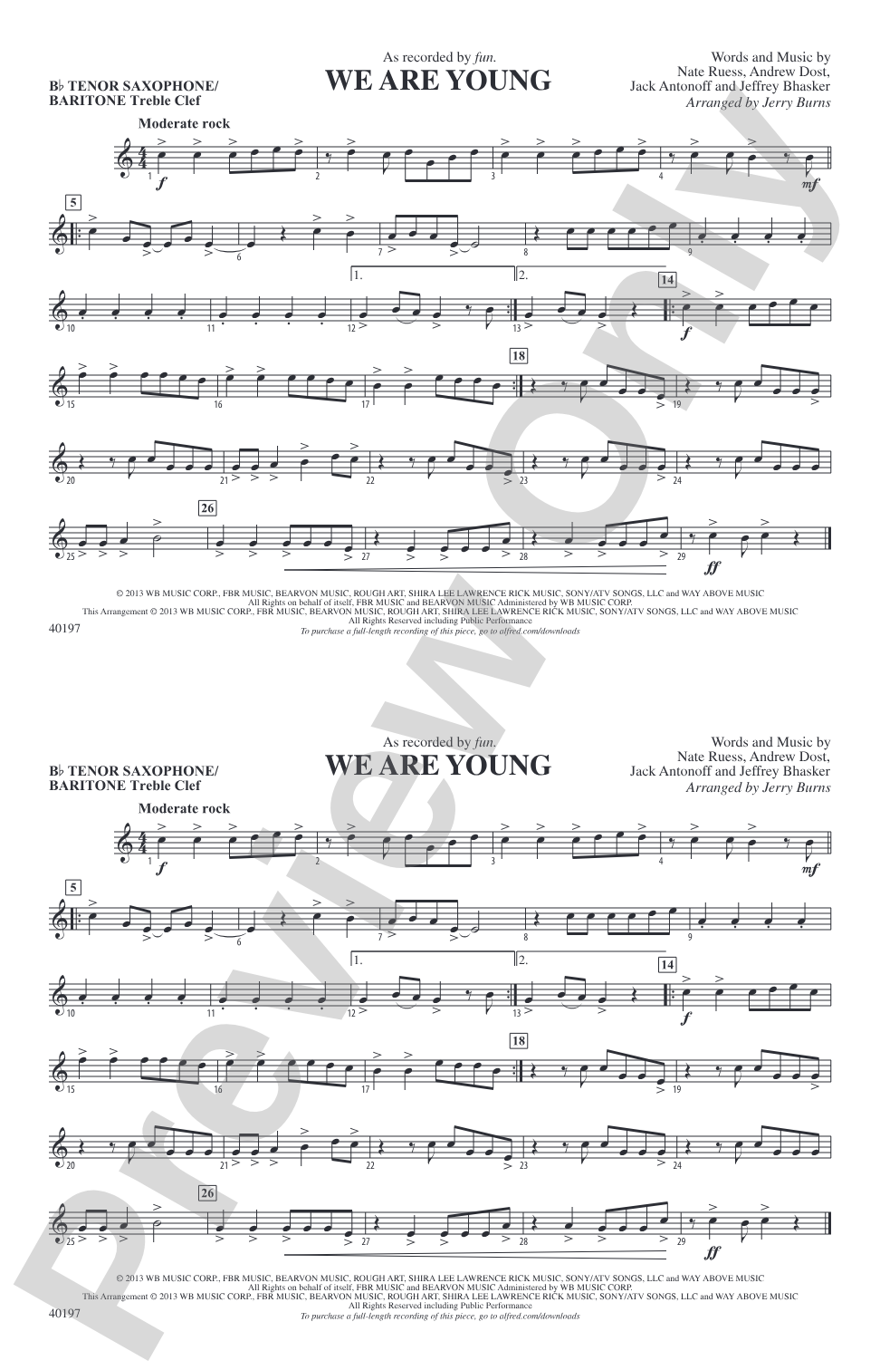 We Are Young: Bb Tenor Saxophone/Bartione Treble Clef