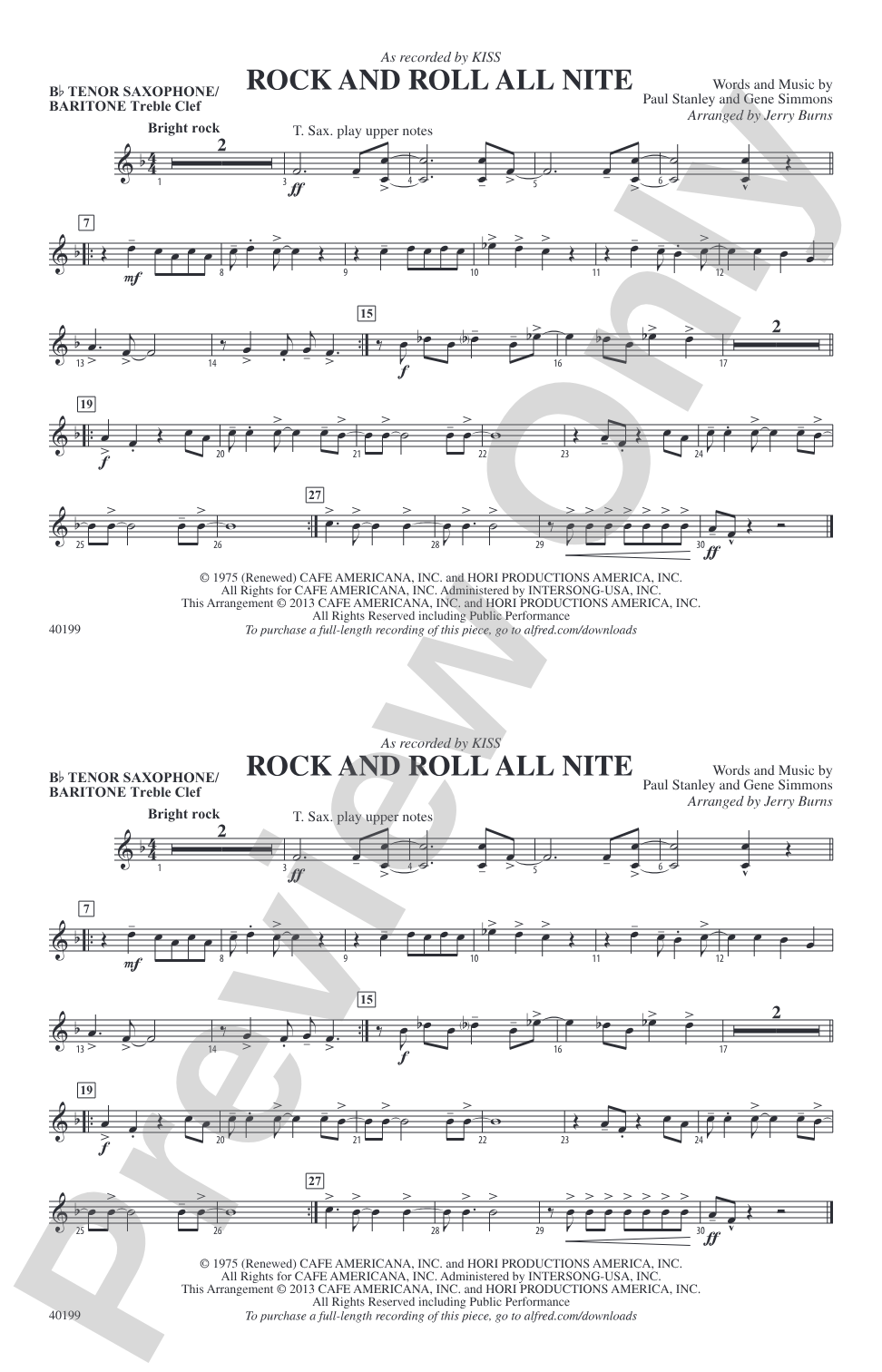 Rock and Roll All Nite: Bb Tenor Saxophone/Bartione Treble Clef