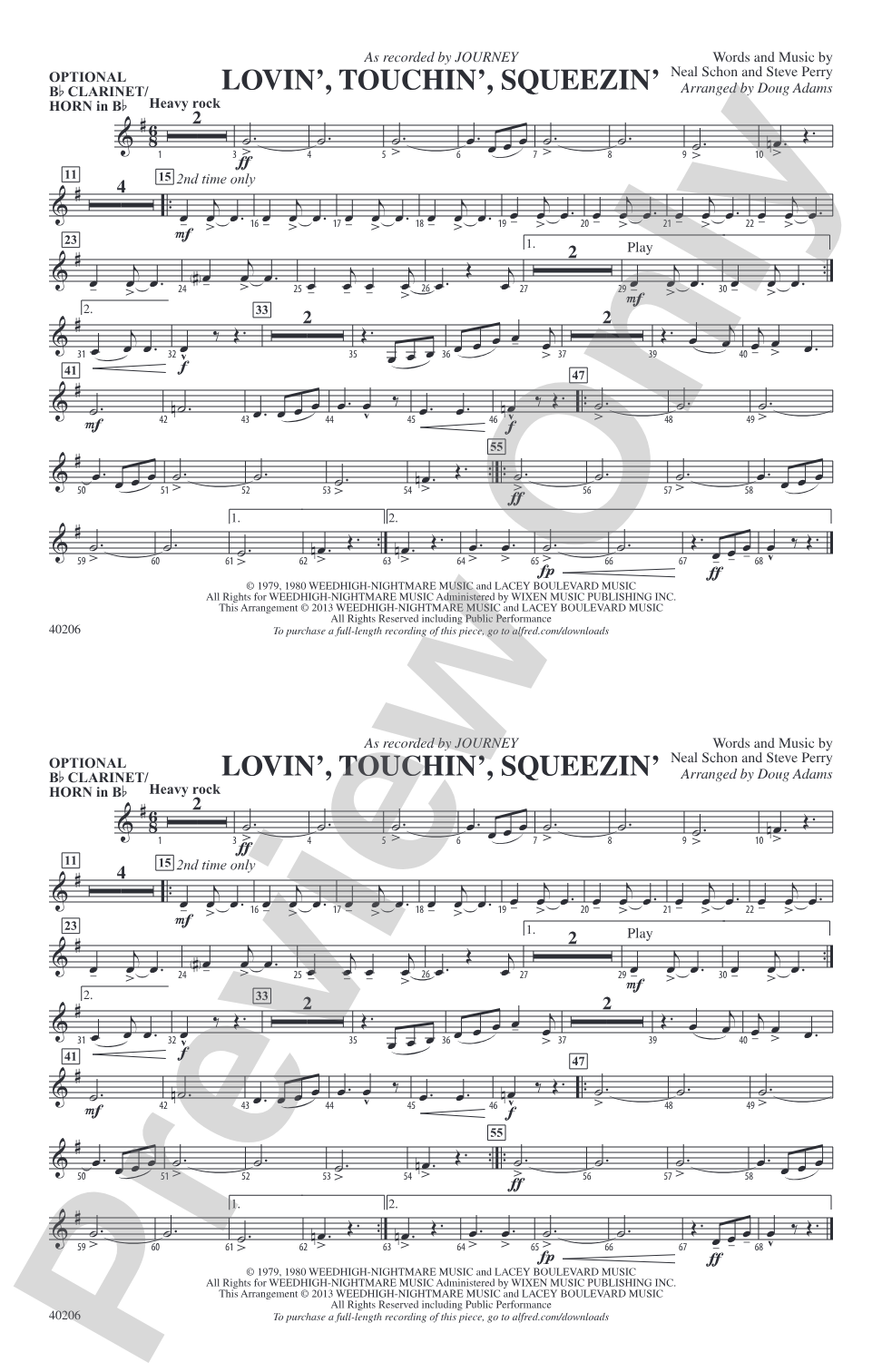 Lovin', Touchin', Squeezin': Optional Bb Clarinet/Horn in Bb