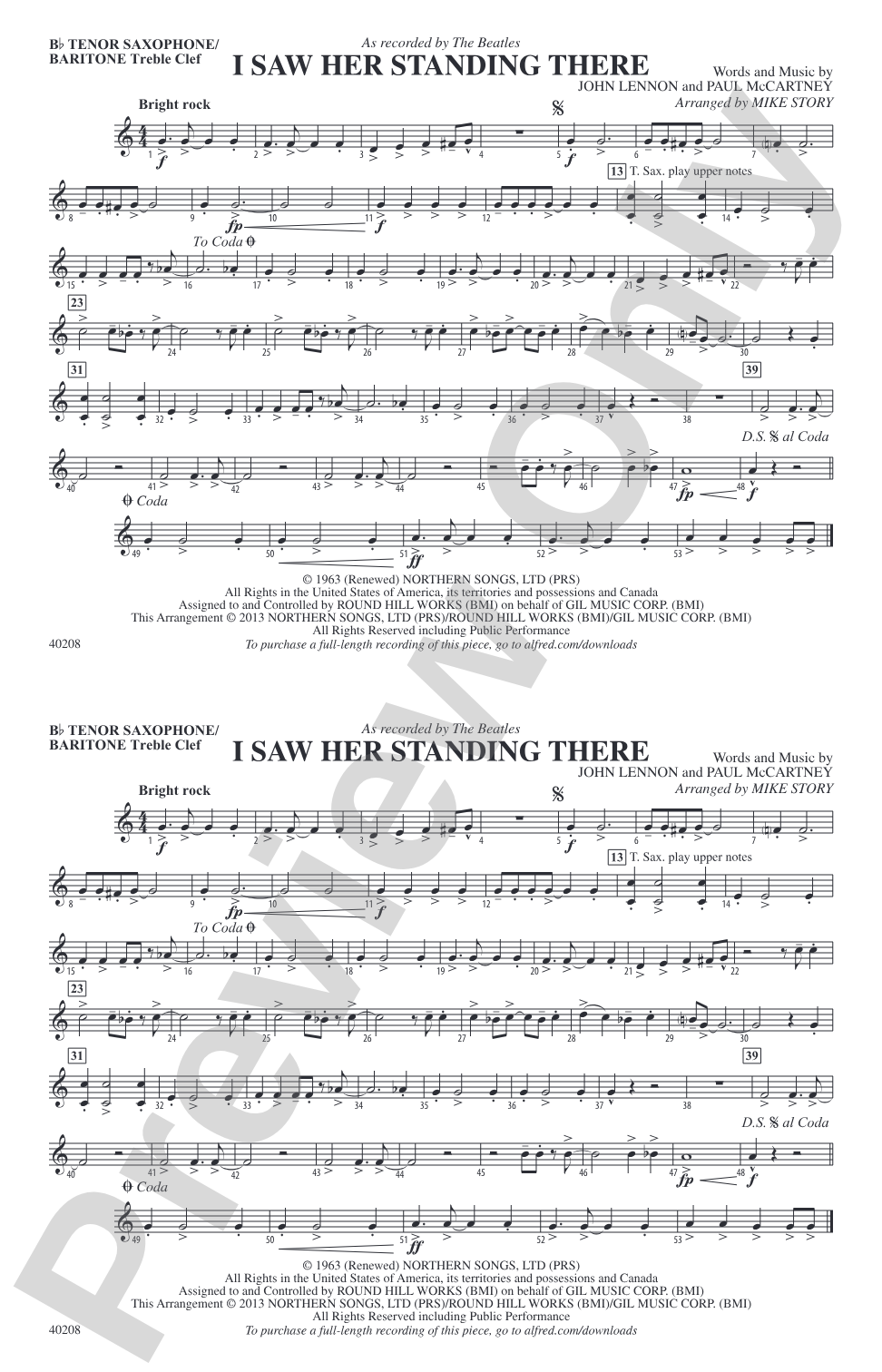 I Saw Her Standing There: Bb Tenor Saxophone/Bartione Treble Clef