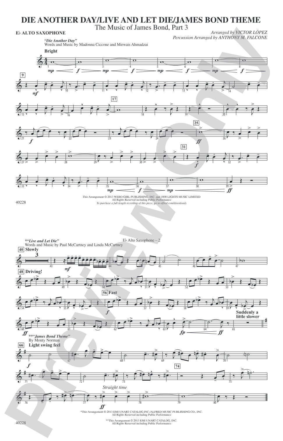 Die Another Day / Live and Let Die / James Bond Theme: E-flat Alto Saxophone