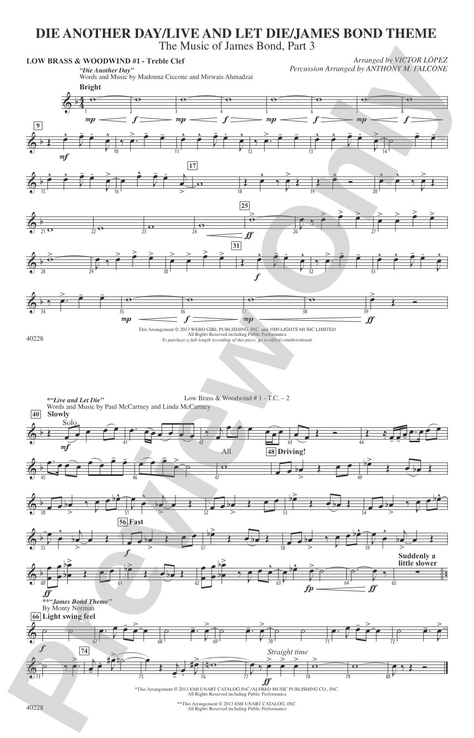 Die Another Day / Live and Let Die / James Bond Theme: Low Brass & Woodwinds #1 - Treble Clef