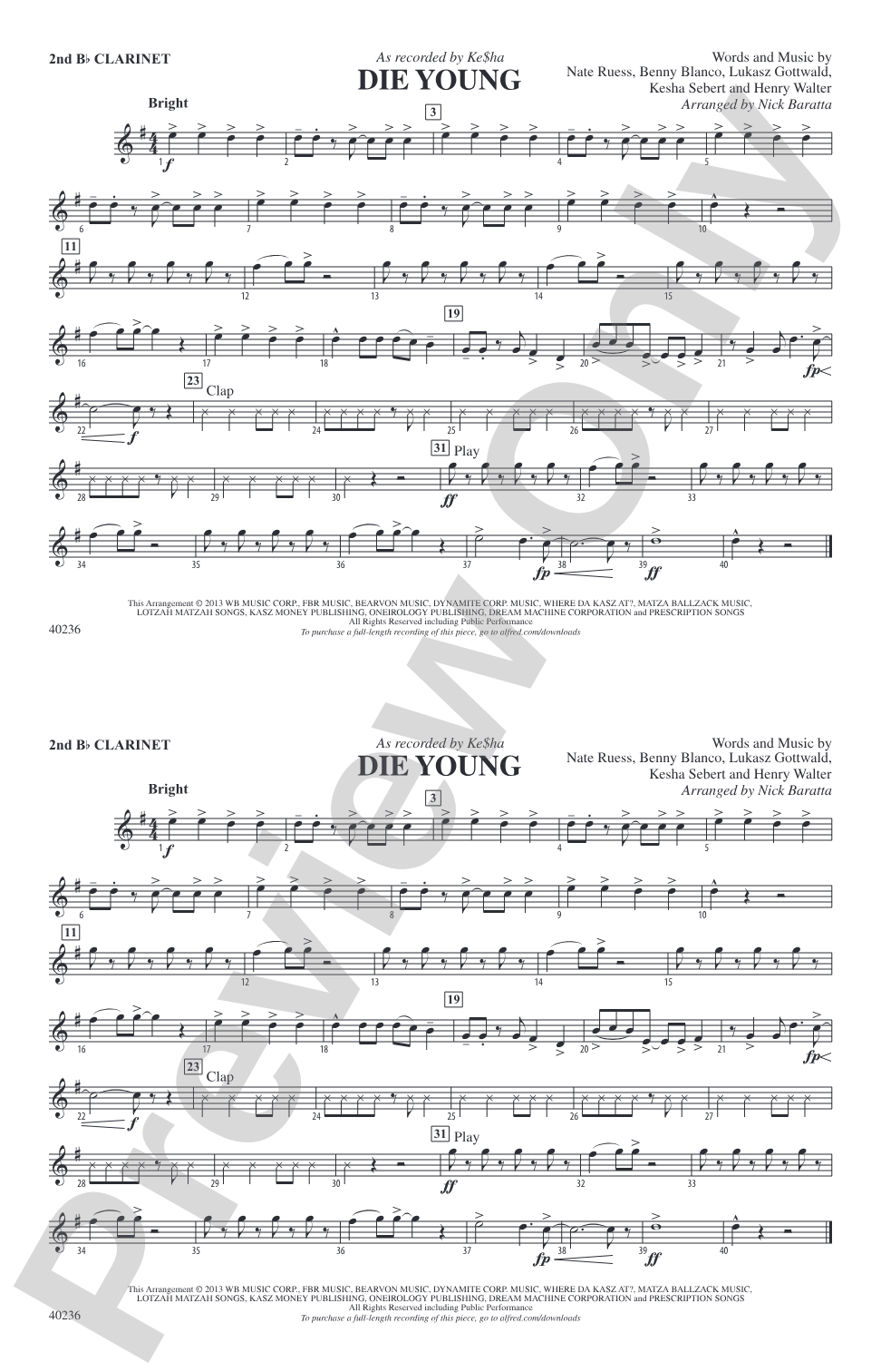 Die Young: 2nd B-flat Clarinet