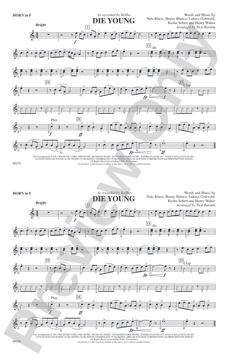 Die Young: 1st F Horn