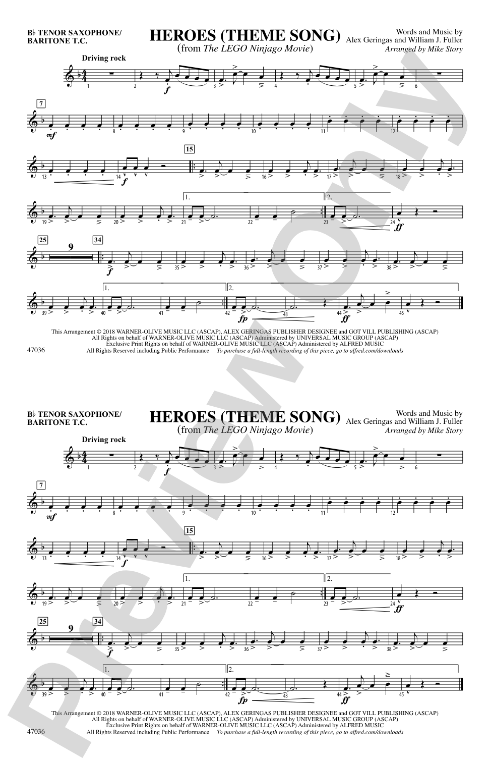 Heroes (Theme Song): Bb Tenor Saxophone/Bartione Treble Clef