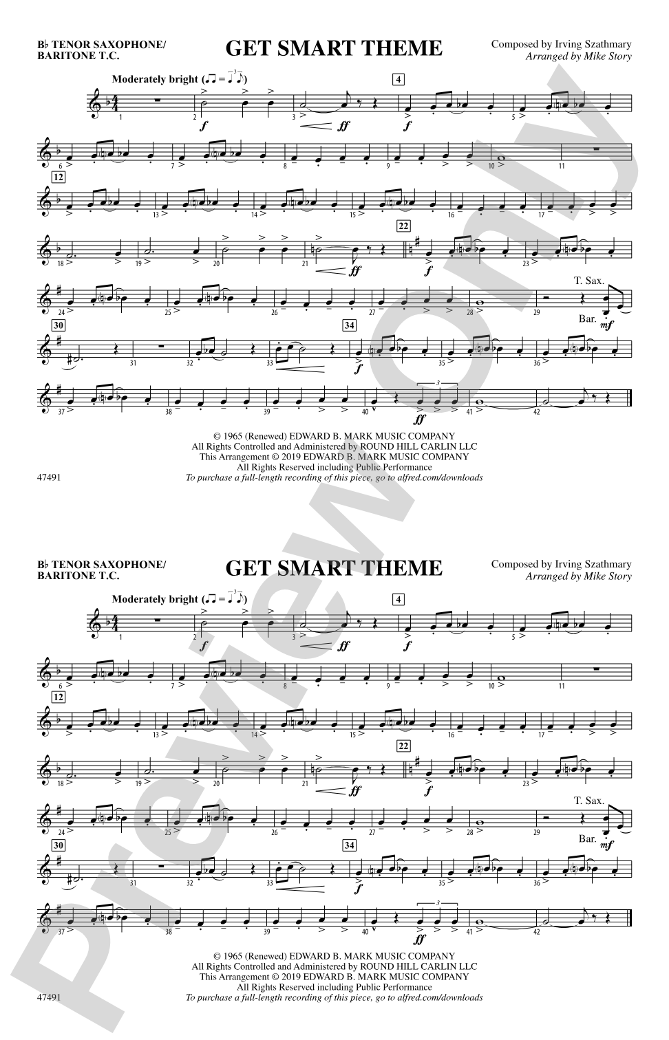 Get Smart Theme: Bb Tenor Saxophone/Bartione Treble Clef