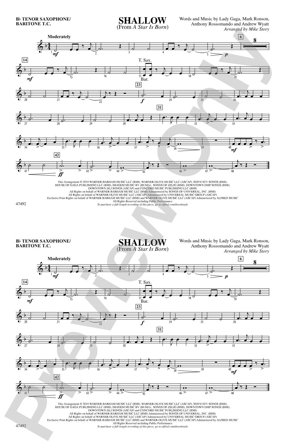 Shallow: Bb Tenor Saxophone/Bartione Treble Clef
