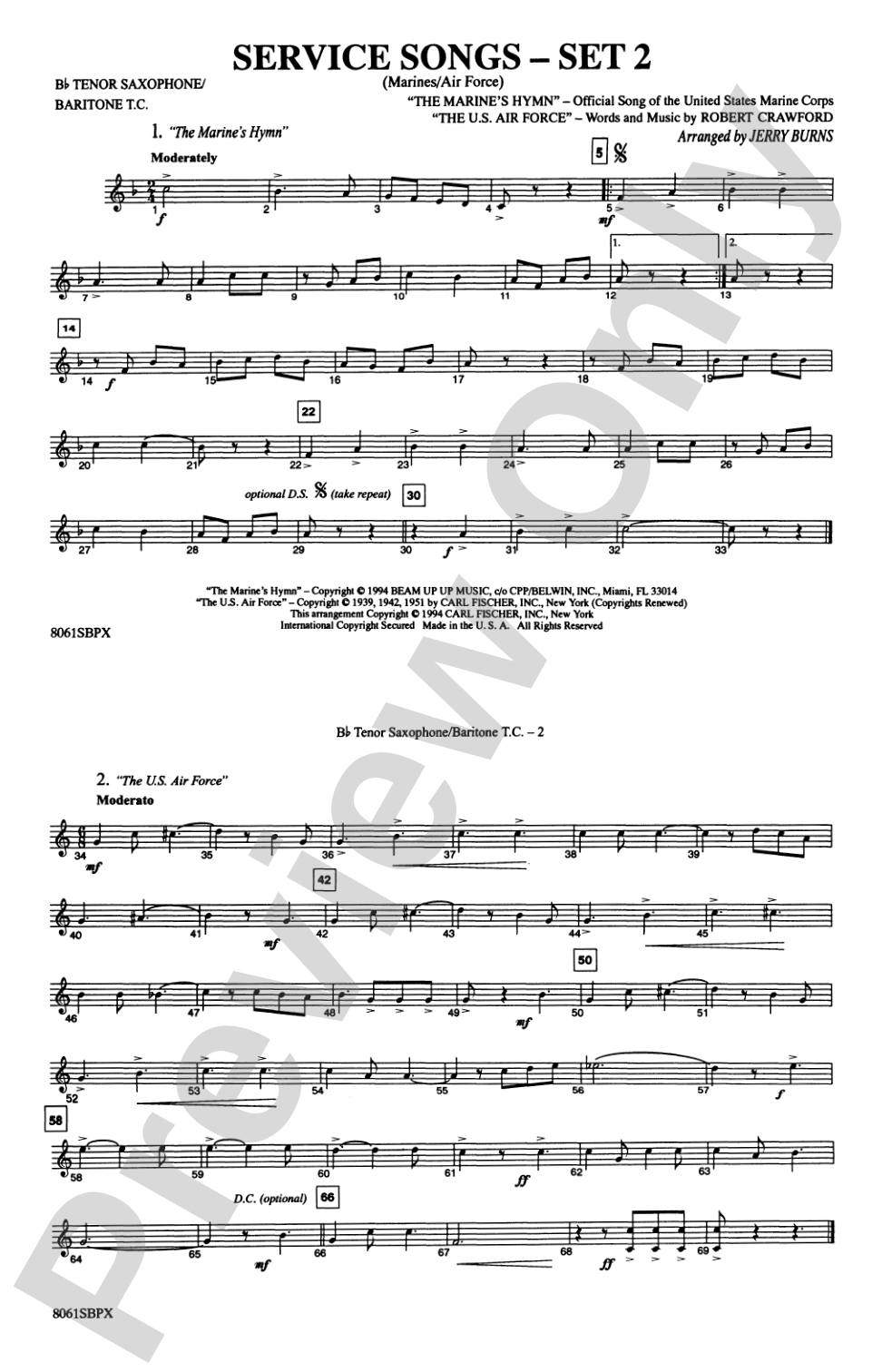 Service Songs - Set 2 (Marines/Air Force): Bb Tenor Saxophone/Bartione Treble Clef